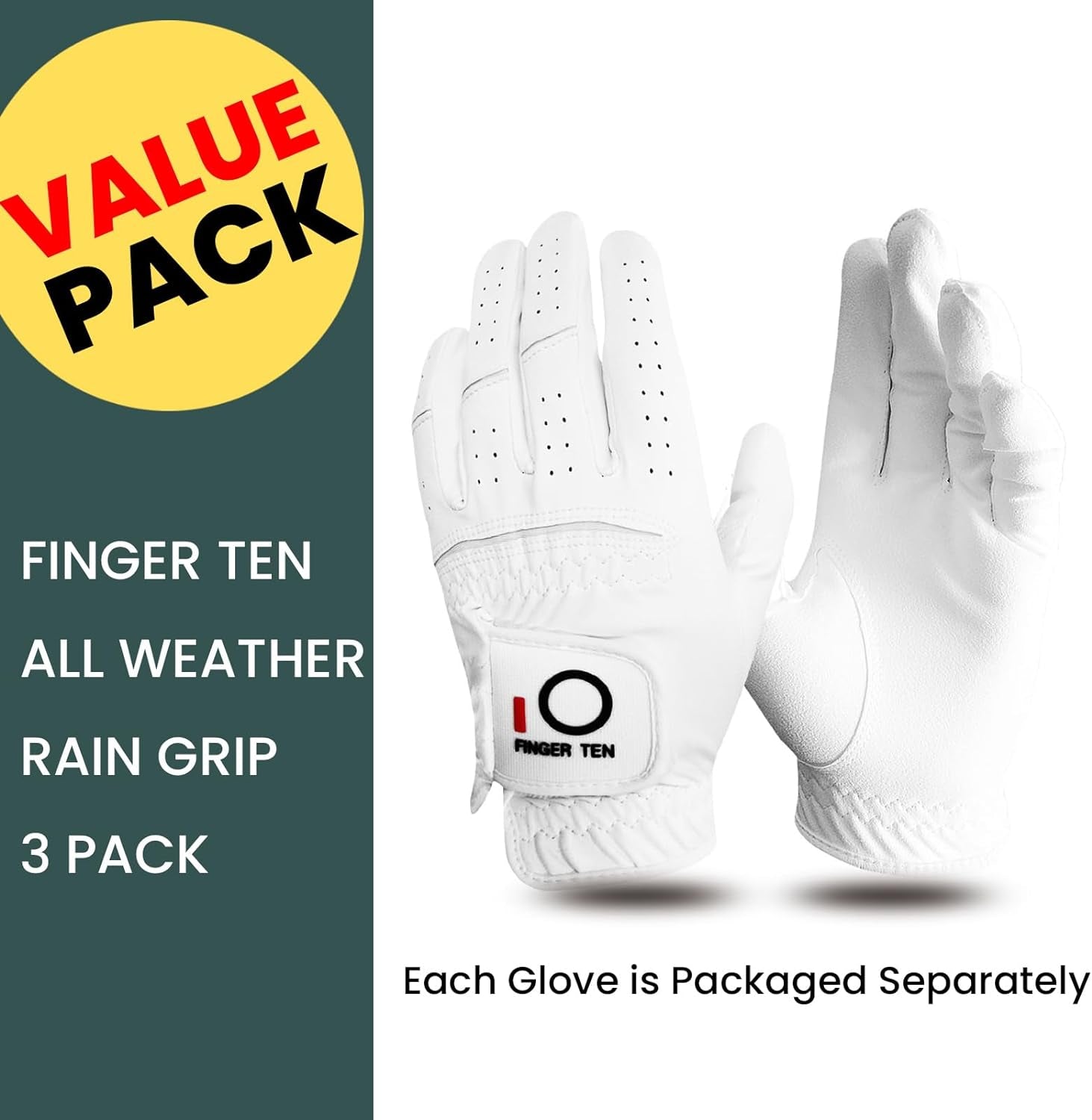 Golf Gloves Men Left Hand Rain Grip Glove for Right Handed Golfer Value 3 Pack, All Weather Durable Grip Size Small Medium Large XL White Black Blue